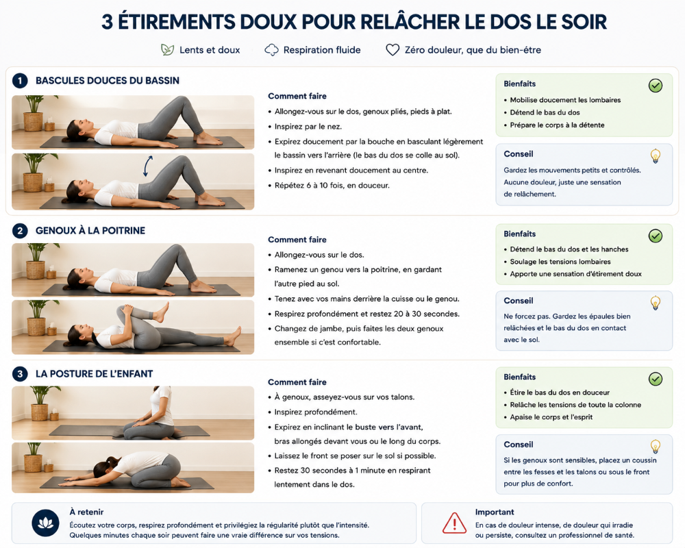 Mal de dos le soir exercices etirements pour relâcher les tensions avant de dormir